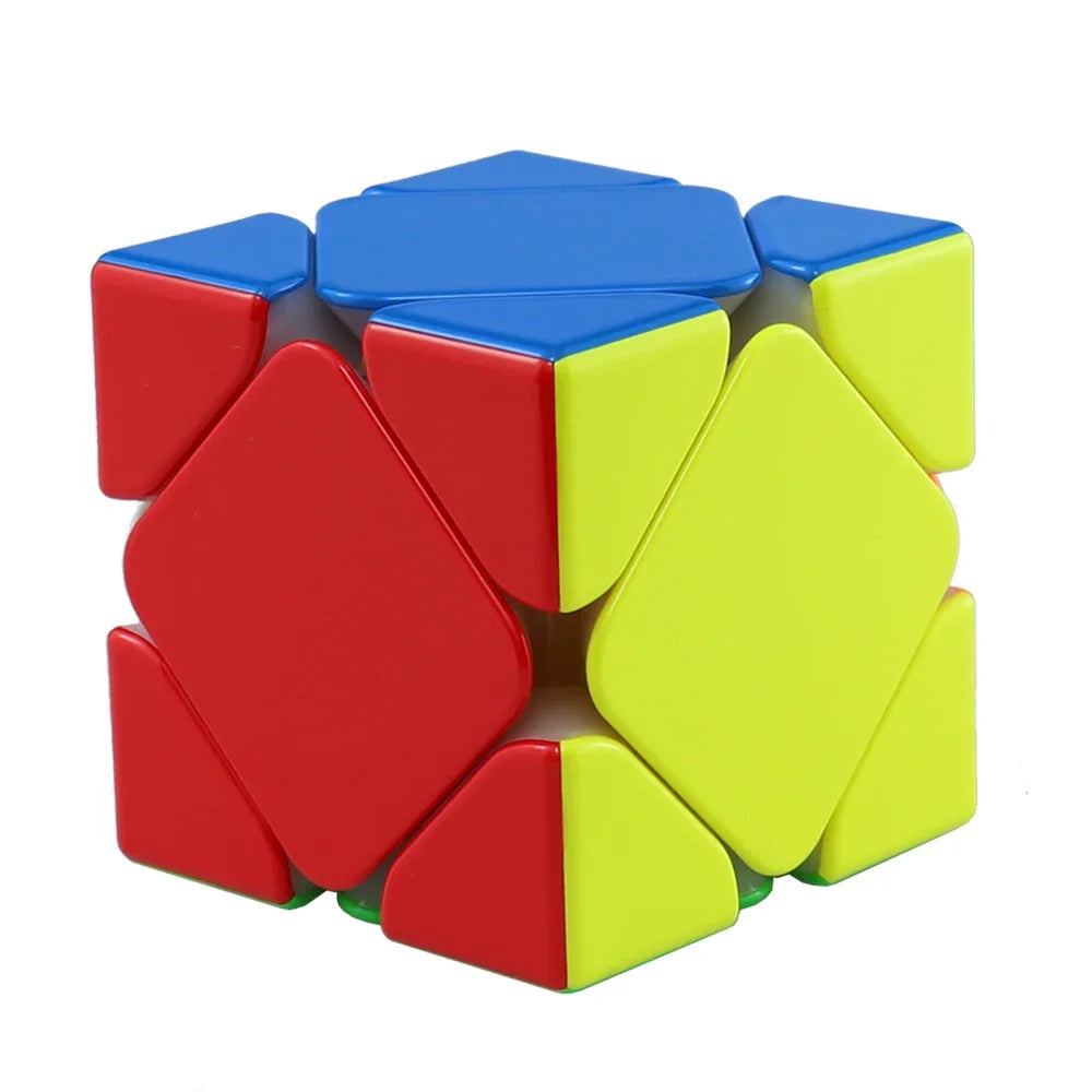 A colorful magnetic speed cube made of plastic pieces in red, yellow, and blue.