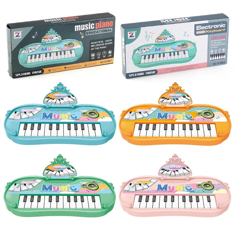 A set of colorful electronic piano toys for kids, including a boxed version and several plastic keyboards.