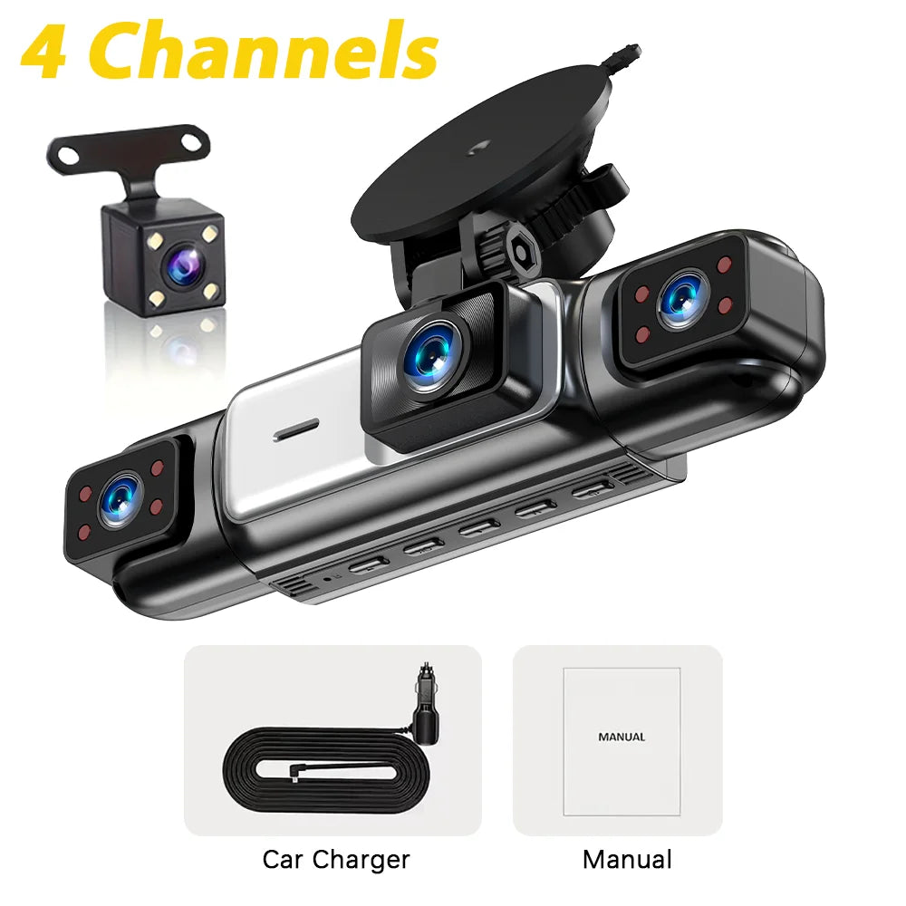 A black dash cam device with four channels is shown alongside its car charger and manual.
