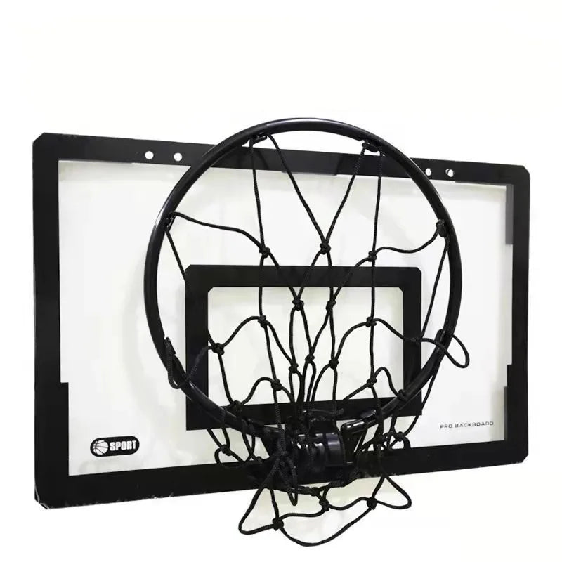 A portable mini basketball hoop set with a black rim and net mounted on a white board.