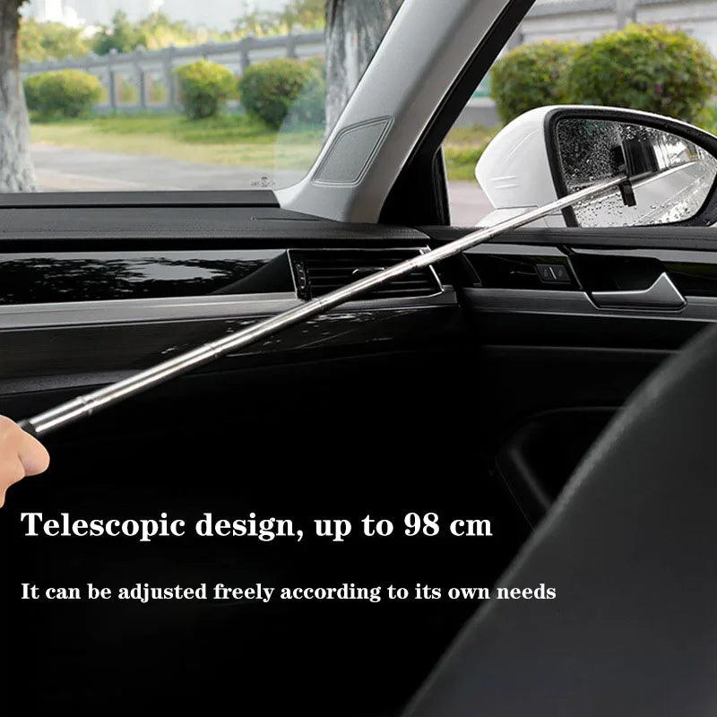 A long telescopic wiper tool is shown extending from a car window, demonstrating its adjustable design.