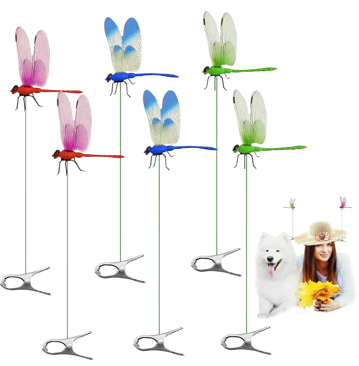 A collection of lifelike dragonfly garden decor clips in various colors and sizes hanging from thin wires.