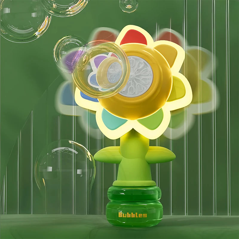 A yellow sunflower-shaped bubble machine with flashing lights and clear bubbles on a green surface.