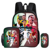 A black football star backpack and pencil bag set featuring soccer players on the front.
