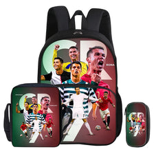 A black football star backpack and pencil bag set featuring soccer players on the front.