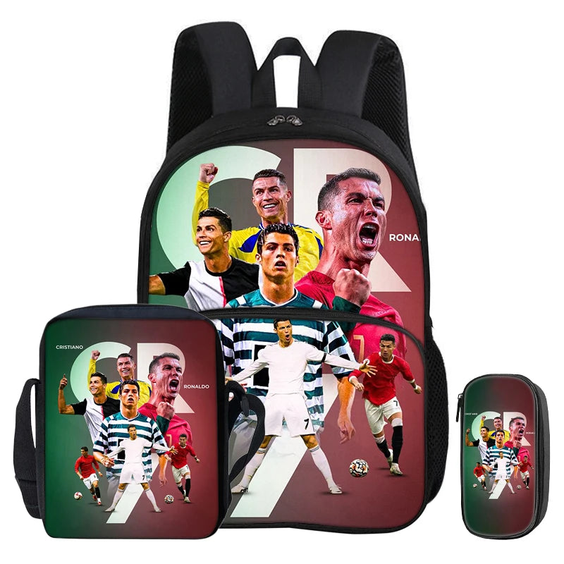 A black football star backpack and pencil bag set featuring soccer players on the front.