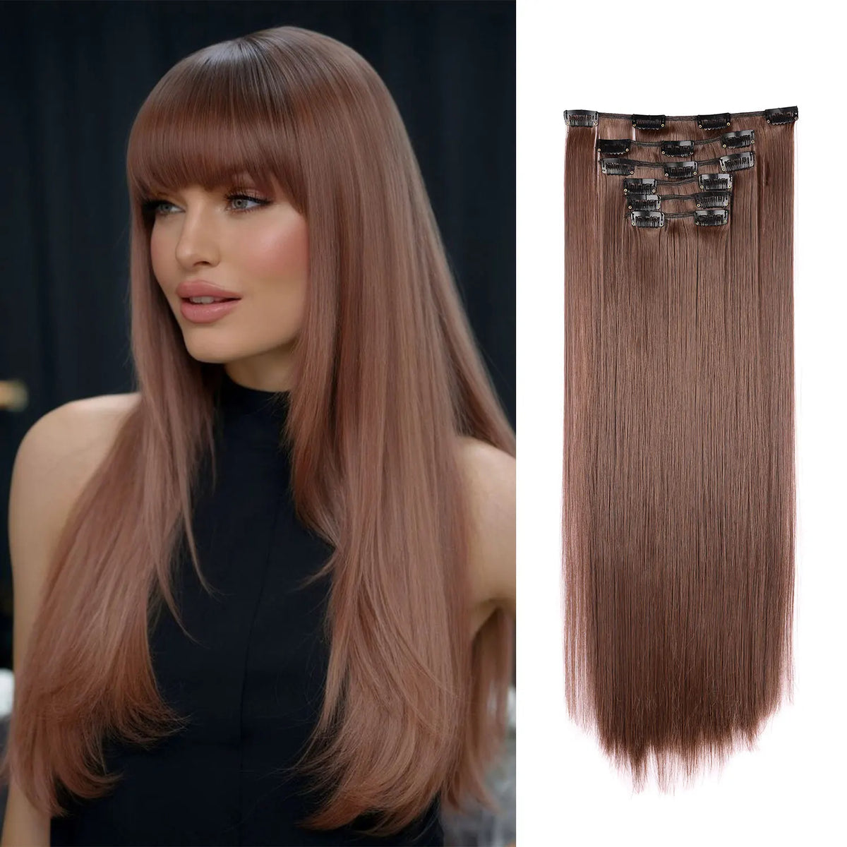 Un modèle montre un kit d'extensions de cheveux en clip-in longs et droits, brun-rouge.
