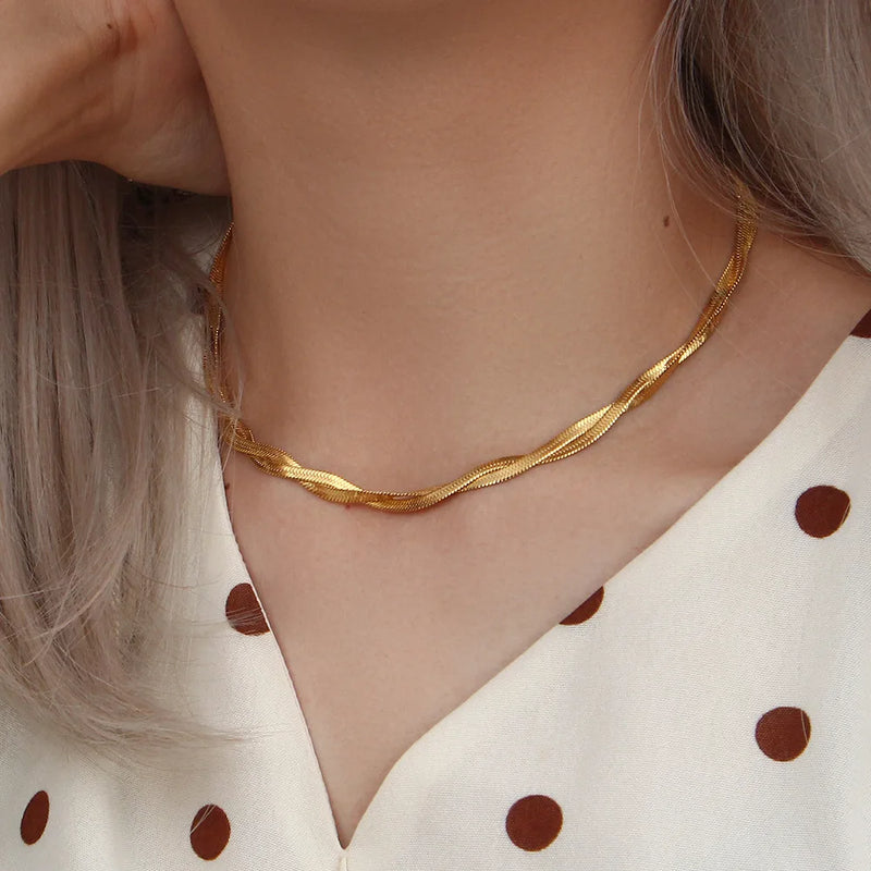Gold-Plated Herringbone Chain Necklace & Bracelet Set