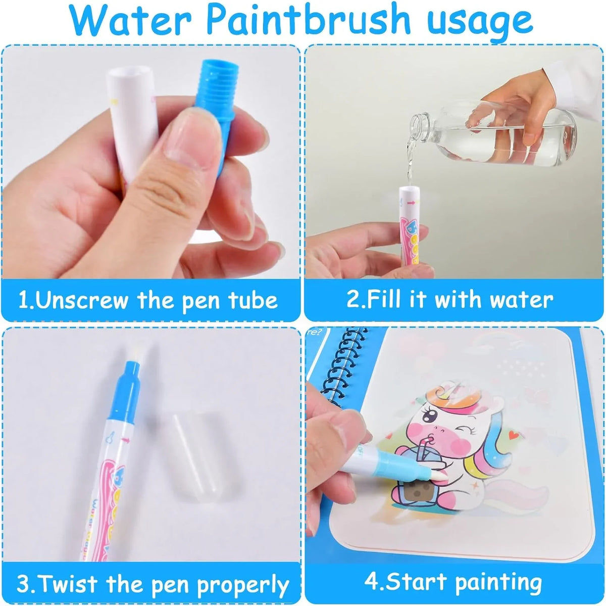 Instructions for using a water paint brush pen to draw in a reusable drawing book.