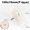 A white cotton buffing wheel with a 10mm diameter and 100mm length, shown next to a circular view.