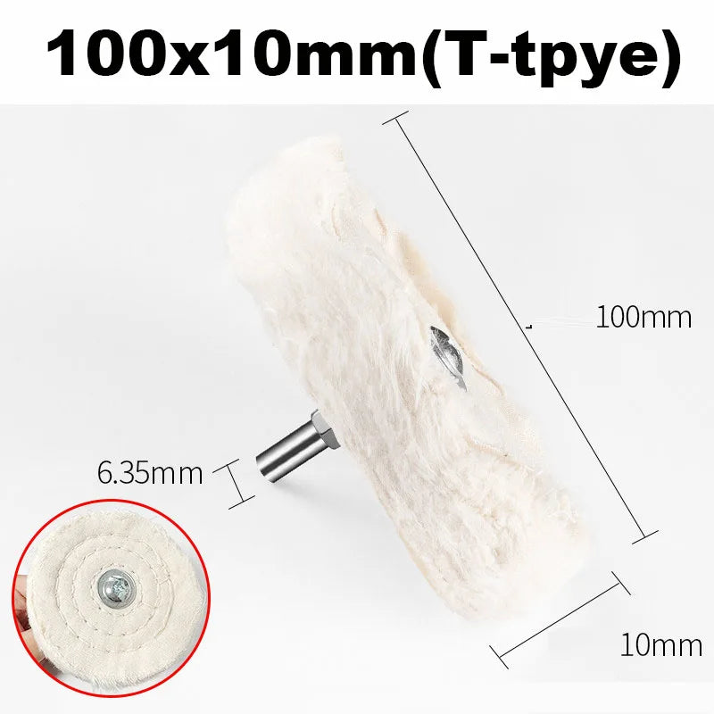 A white cotton buffing wheel with a 10mm diameter and 100mm length, shown next to a circular view.