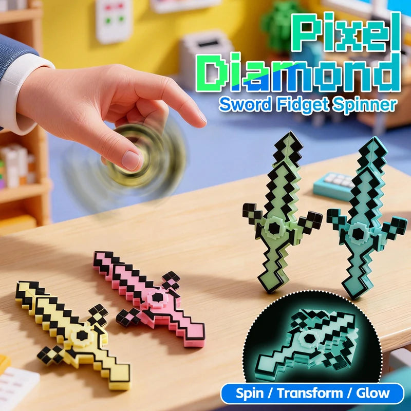 A hand holds a Pixel Diamond sword fidget spinner toy with various colored gems and a glow effect.
