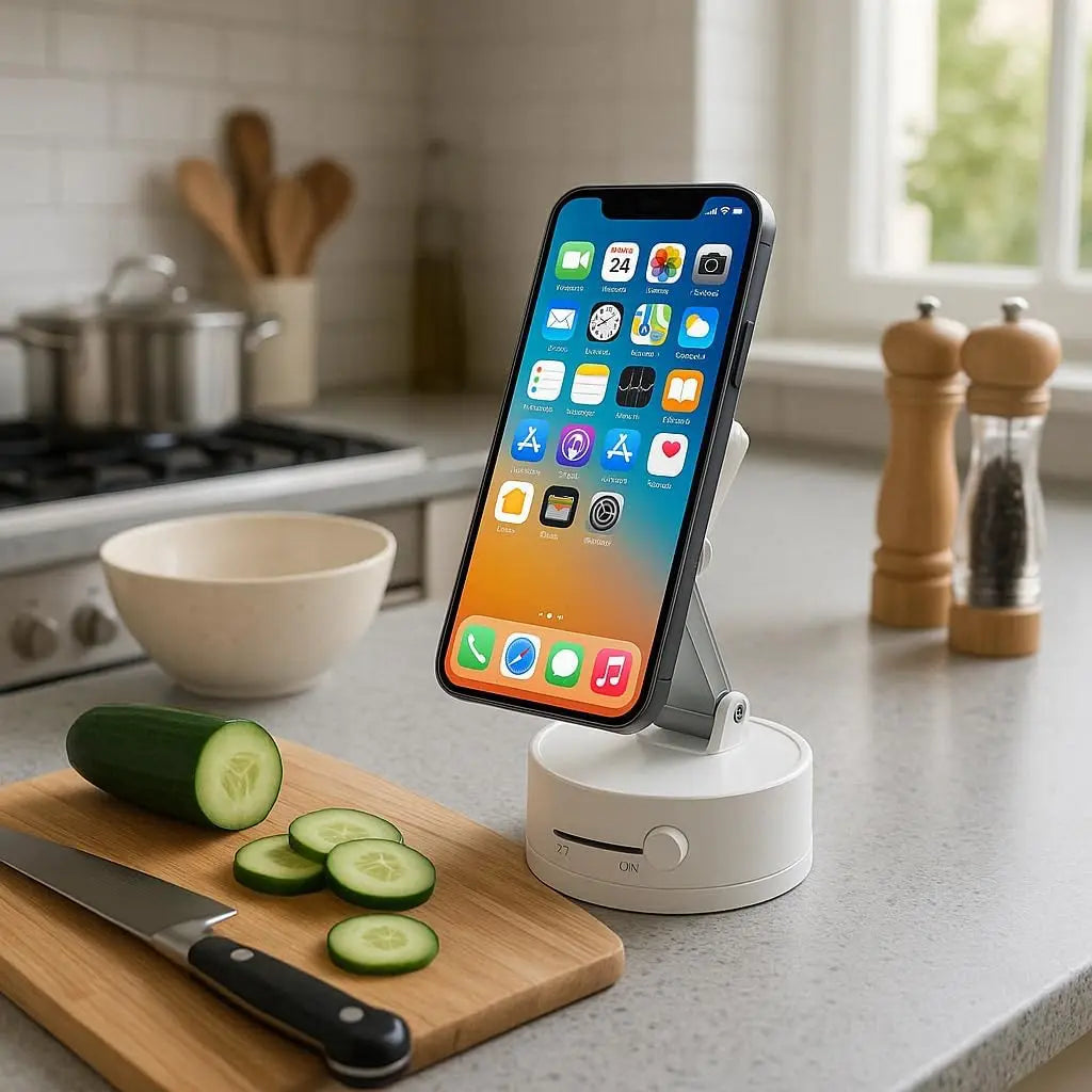 An orange smartphone is mounted on a white base, positioned on a kitchen counter next to a cutting board and vegetables.