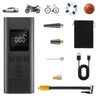 A black portable wireless digital tire inflator device with various accessories shown.