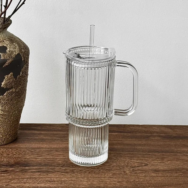 600ml Ribbed Glass Cup with Handle, Lid and Straw – Transparent