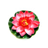 A vibrant pink and red lotus flower with green leaves floating on white.