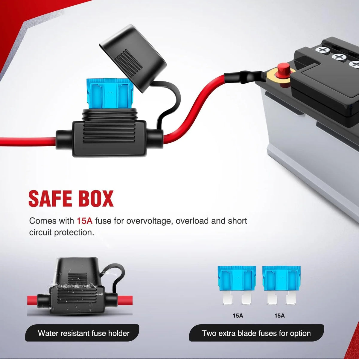 A safe box with a fuse and a water resistant fuse holder for an LED strobe light wiring harness kit.