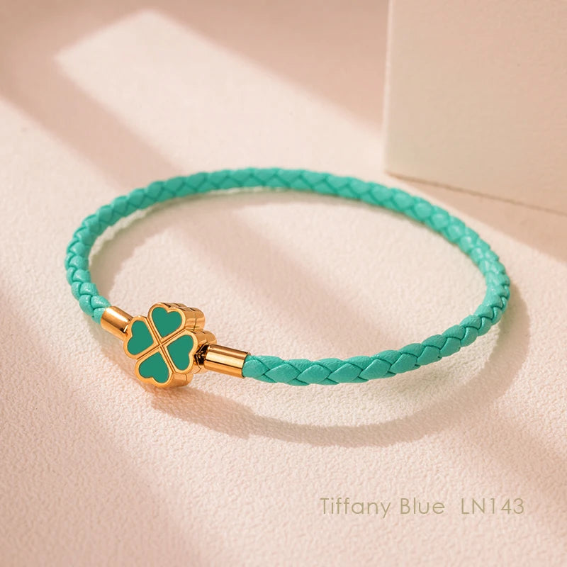 Four-Leaf Clover Braided Leather Bracelet