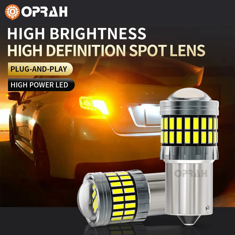 A bright yellow LED spotlight lens is shown next to a car, demonstrating a plug-and-play high brightness spot lens.
