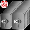 A stack of fifty silver self-adhesive wall hooks for frames and photos.