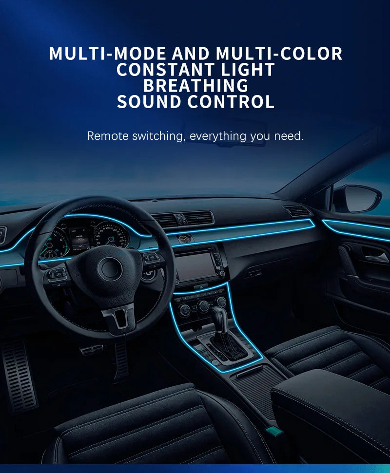 Interior view of a car dashboard showing multi-mode and multi-color constant light breathing sound control features.