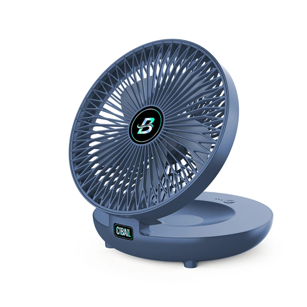 A blue rechargeable wall-mounted and desktop fan with a circular grille design.