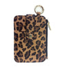 A brown leopard print PU leather card holder with a flap and coin pocket, featuring a gold-toned keychain.