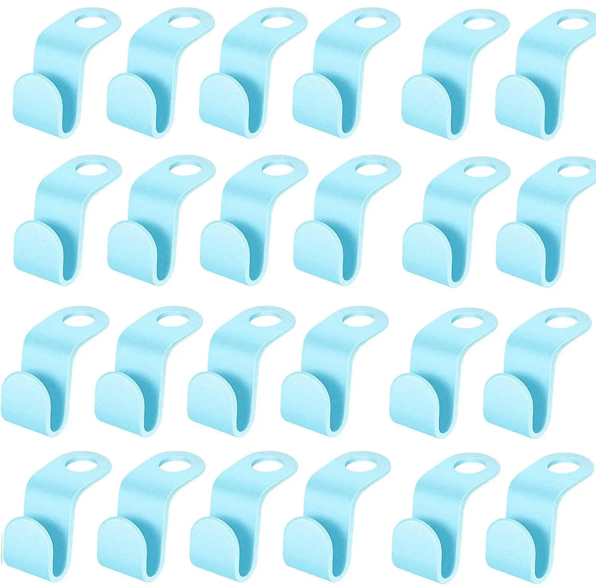 A set of light blue space-saving cascading hanger connectors for closet organization.
