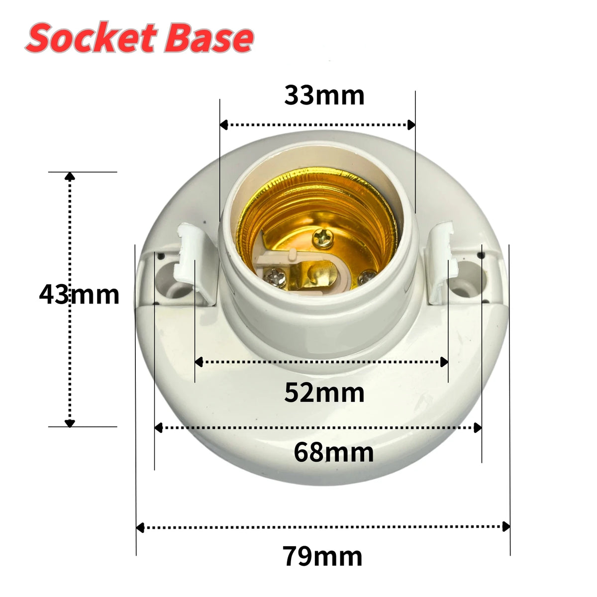 A white socket base for an E27 screw cap light bulb holder with various dimensions marked.
