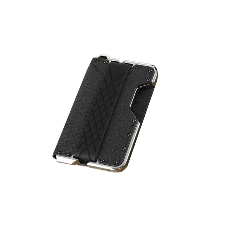 A black minimalist leather card holder with a bottle opener, shown from the side.