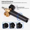 Black high-pressure foam cannon with an upgraded nozzle and replaceable foam filter components shown in detail