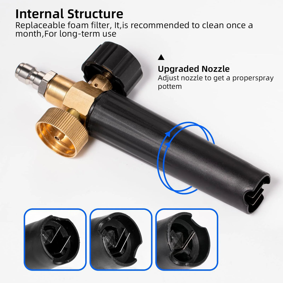 Black high-pressure foam cannon with an upgraded nozzle and replaceable foam filter components shown in detail