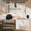 An overhead shot stand with a phone holder is shown positioned over a person lying on a bed.
