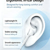 White in-ear headphones shown against a light blue background with text highlighting ergonomic design features.