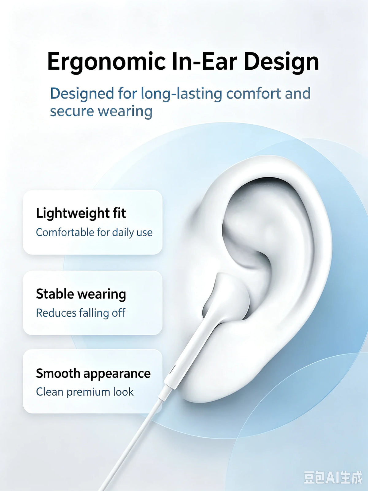 White in-ear headphones shown against a light blue background with text highlighting ergonomic design features.