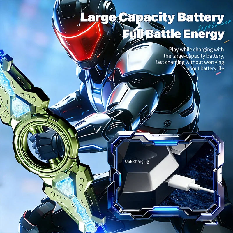 A futuristic armored figure holds a large capacity battery and an LED sword for full battle energy.