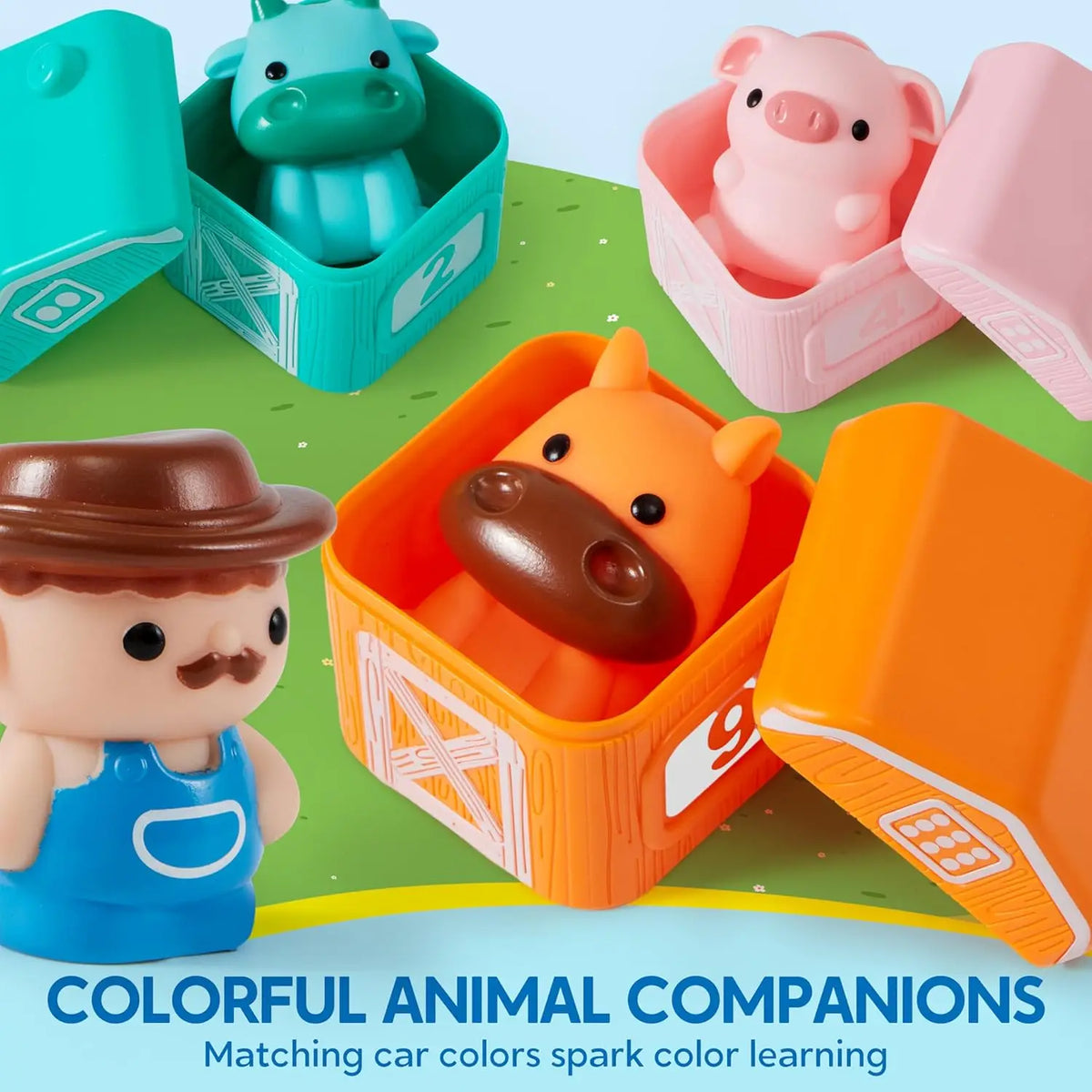 Colorful animal companions in matching car colors for color learning and number sorting