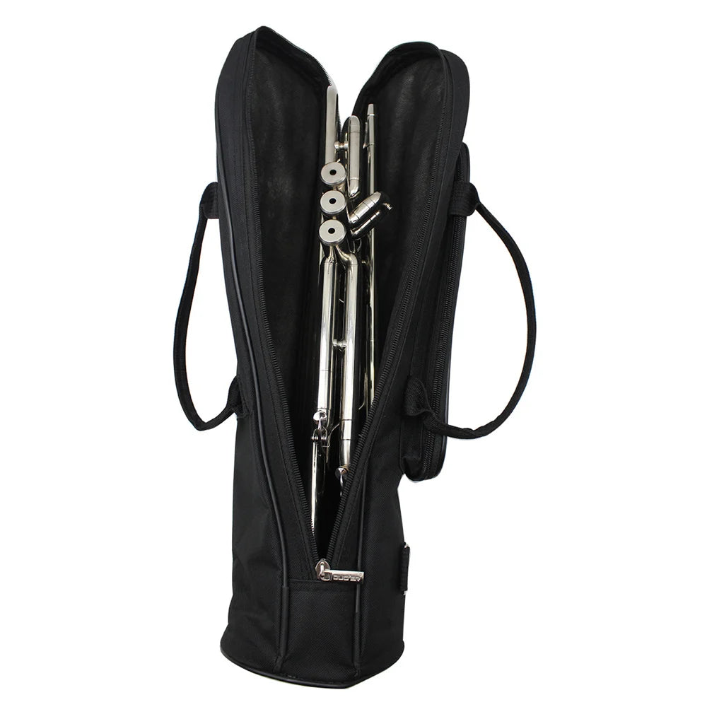 Black waterproof oxford cloth trumpet bag with padded protection and silver trumpets inside