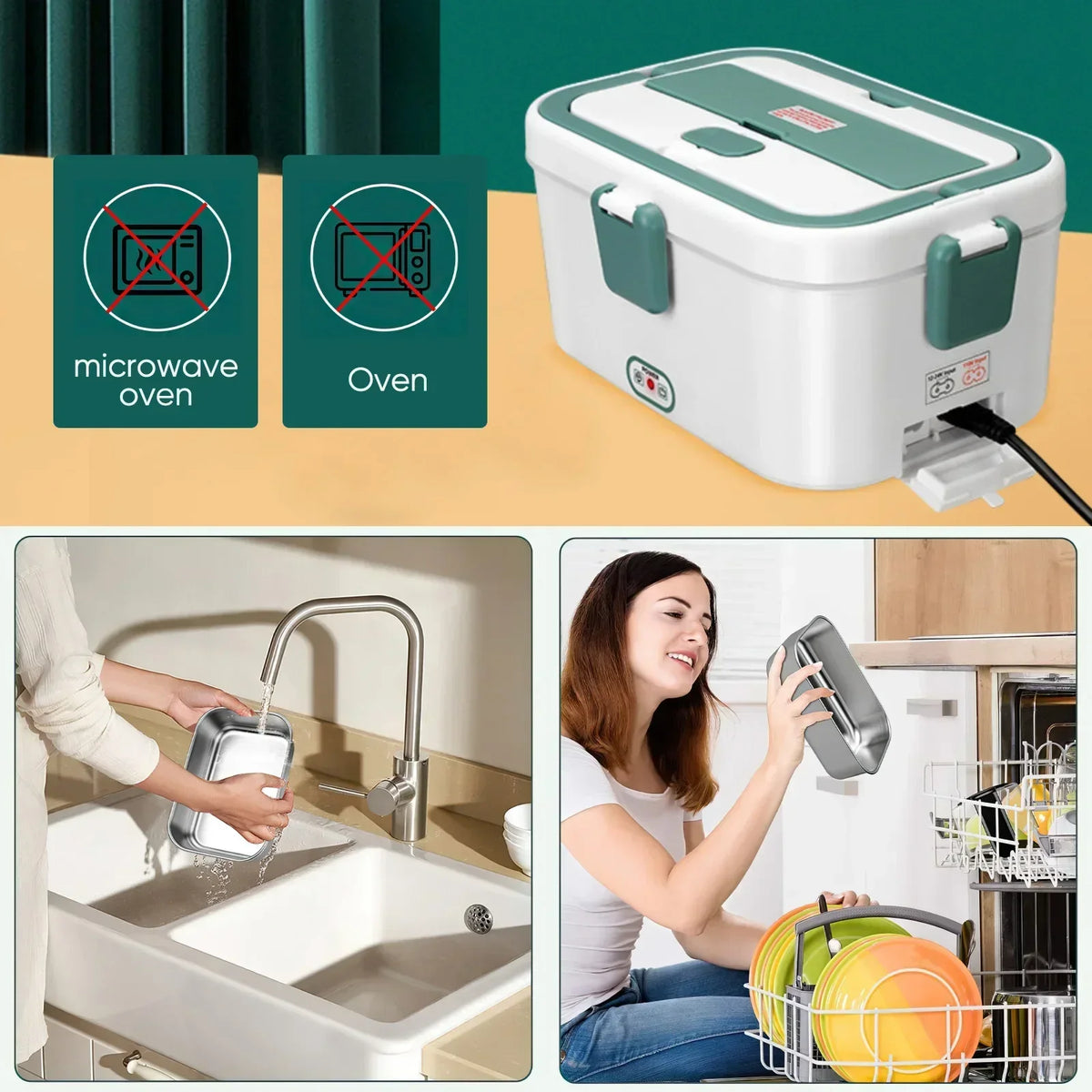 A portable electric lunch box is shown next to icons for microwave and oven, and a faucet is visible in the background.