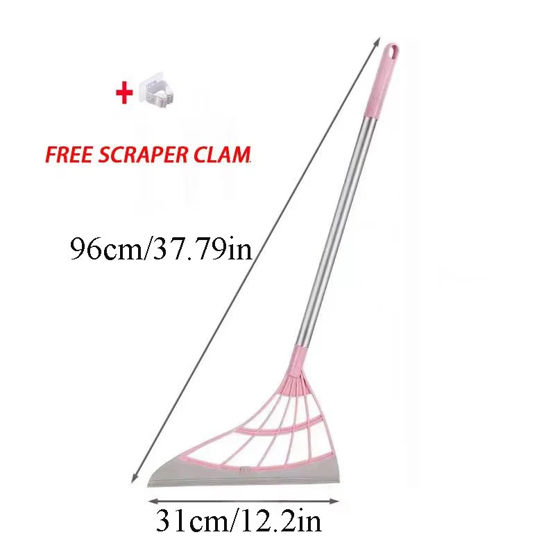 A silicone squeegee broom with a long adjustable handle and a free scraper clamp shown in pink and gray.