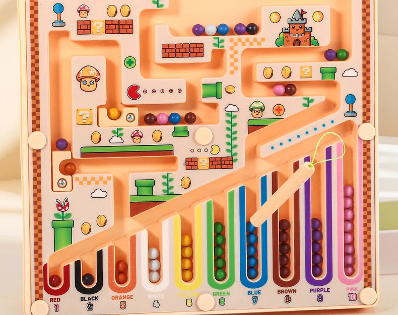 A magnetic maze logic puzzle board featuring colorful wooden pegs and pathways for early learning.