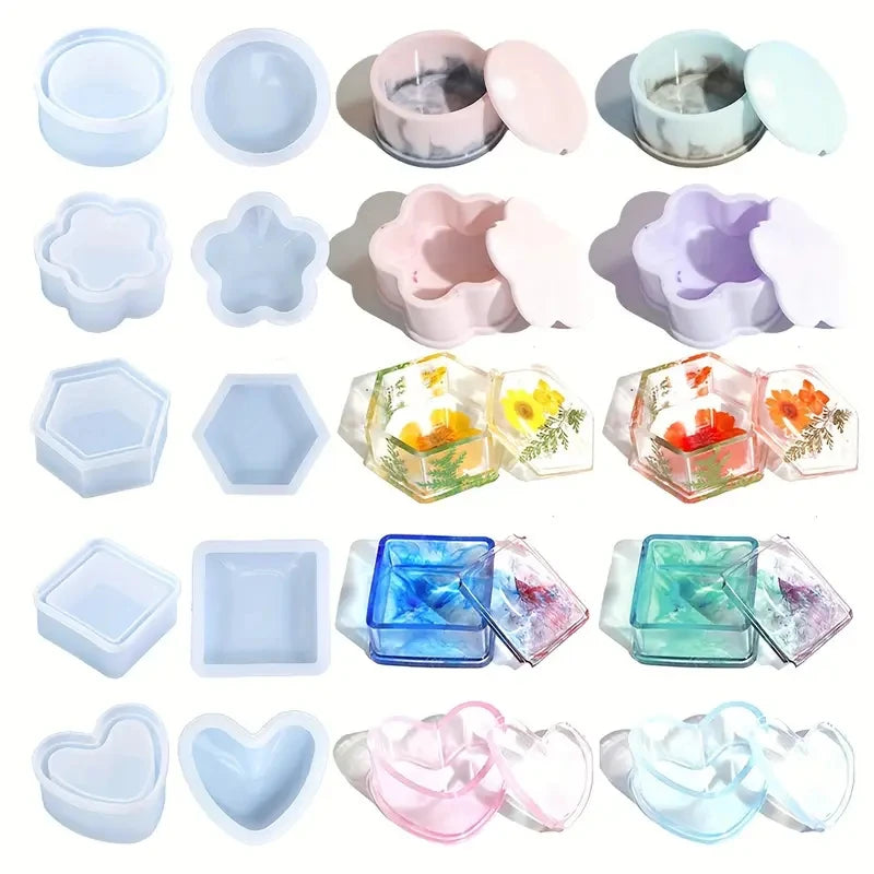 A set of silicone jewelry boxes and resin molds in various colors including white, pink, purple, and blue.