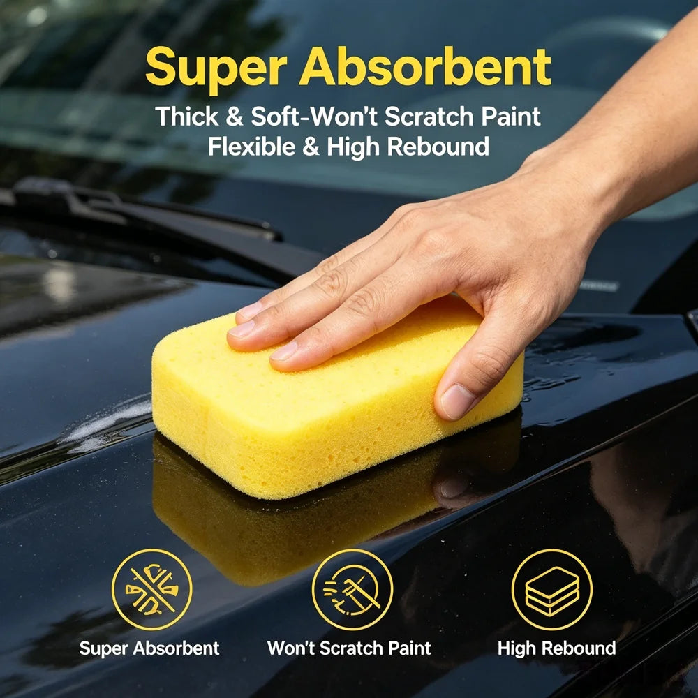 A hand is using a yellow thick and soft sponge to clean a dark car surface, demonstrating super absorbent, scratch-resistant,