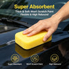A hand is using a yellow thick and soft sponge to clean a dark car surface, demonstrating super absorbent, scratch-proof, and
