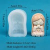 A clear silicone mold of a praying girl is shown next to its finished pink version, with dimensions provided.