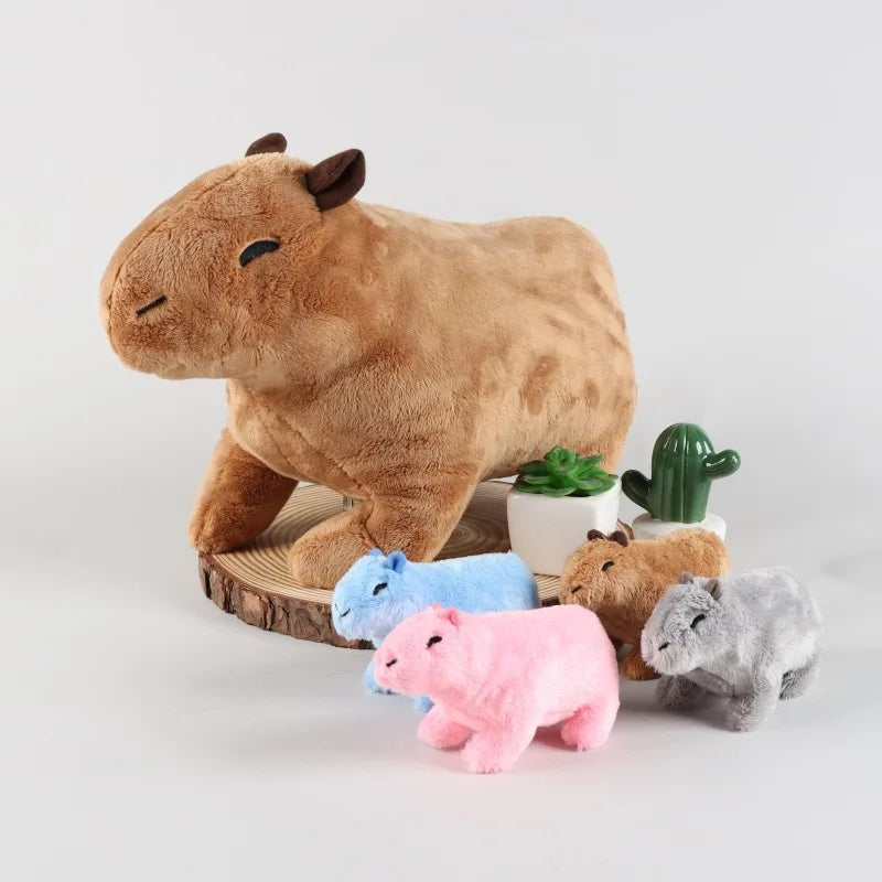 A large brown stuffed animal resembling a cow or bovine, next to several small, colorful simulation animals.