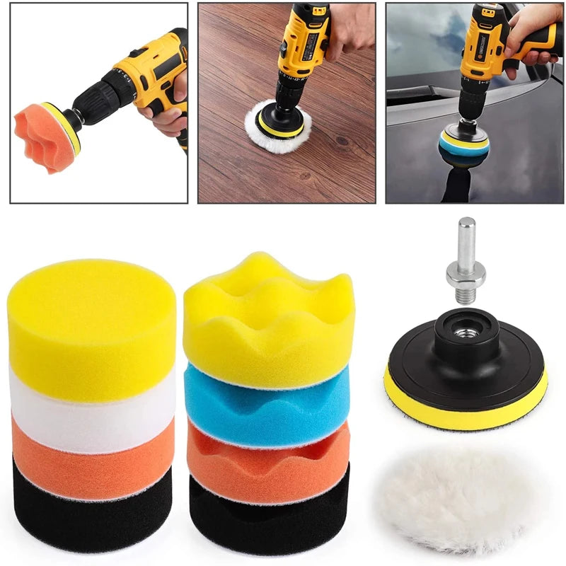 A set of three yellow, white, and orange self-adhesive polishing pads for car detailing.