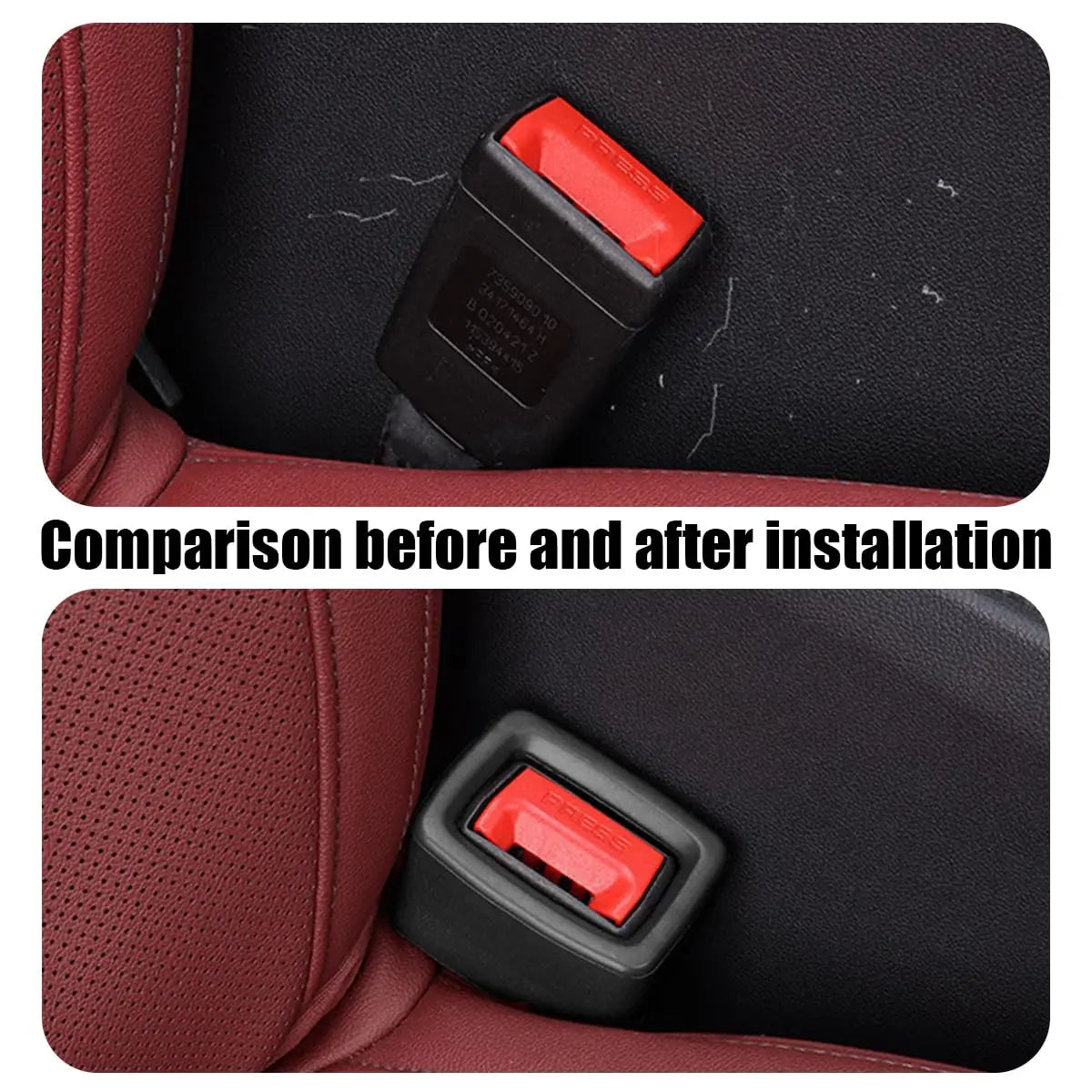 Comparison showing a car seatbelt buckle protective cover installed in a car seatbelt slot.