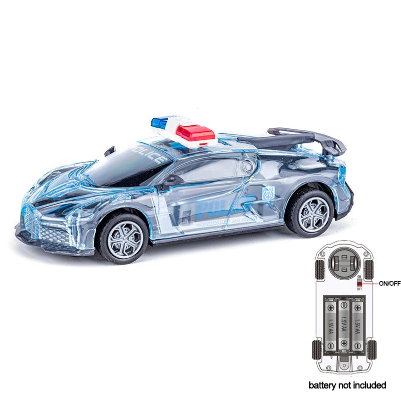A blue police car toy with flashing lights and sounds, shown from the side.