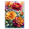 A vibrant floral arrangement featuring orange, yellow, and deep pink roses and greenery for a diamond painting kit.